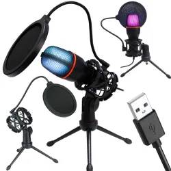 Mikrofon studyjny USB RGB z statywem do komputera, kardioidalny, model 27597