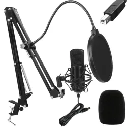 Mikrofon studyjny USB pojemnościowy zestaw statyw pop filtr kardioidalny Verk model 27598