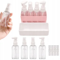 Zestaw butelek podróżnych pojemniki 4x50ml na kosmetyki organizer etykiety