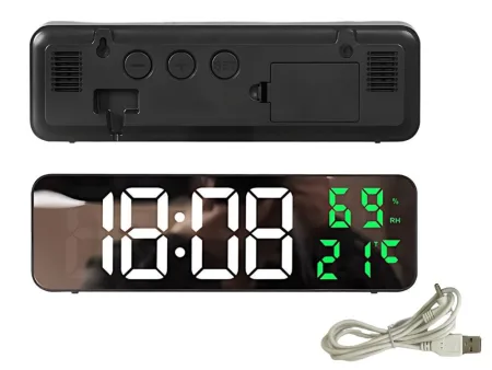 Zegar elektroniczny cyfrowy LED budzik termometr lustro stojący USB baterie