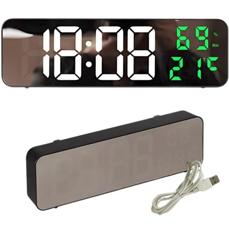 Zegar elektroniczny cyfrowy LED budzik termometr lustro stojący USB baterie