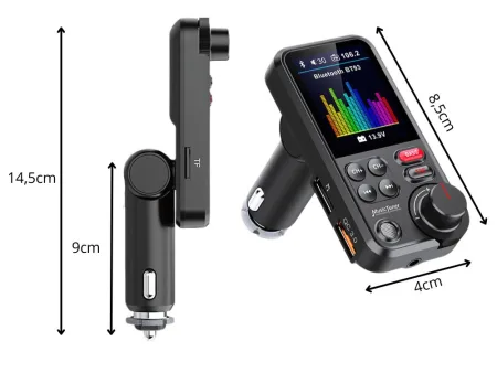 Transmiter Bluetooth 5.0 FM zestaw głośnomówiący USB QC TF BASS LCD 12-24V