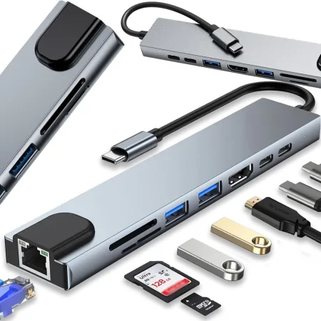 Hub adapter 8w1 przejściówka 2x USB-C Thunderbolt 3 2xUSB HDMI SD RJ45