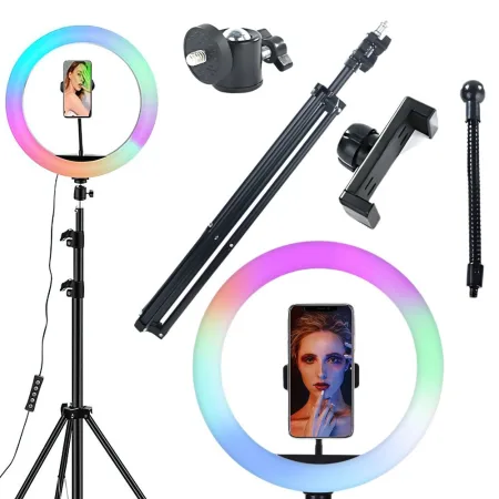 Lampa pierścieniowa LED RGB Ring z uchwytem na telefon i regulowanym statywem