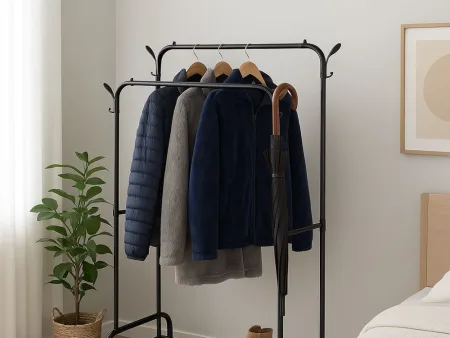 Wieszak stojący na ubrania z półkami na buty kurtki metalowa garderoba