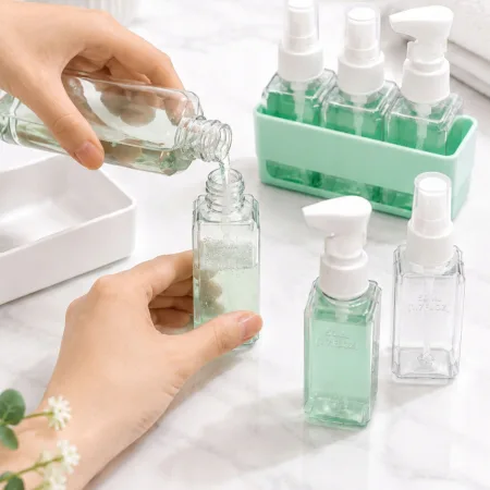 Zestaw butelek podróżnych pojemniki 4x50ml na kosmetyki organizer etykiety